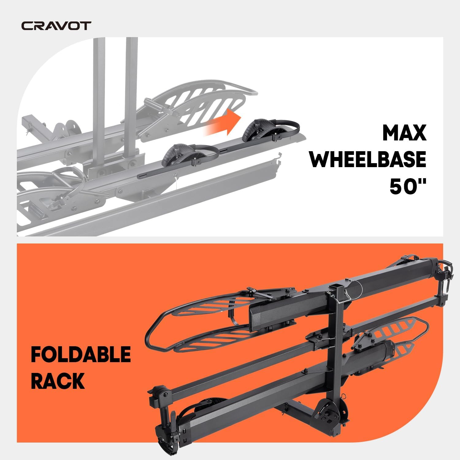 CyberRack E2 Hitch 2 EBike Rack with Ramp, 200 lbs Capacity Electric Bike Carrier Foldable Platform Mount, Up to 5-inch Fat Tire Bicycle for 2'' Receiver Cars Trucks SUVs Minivans RV, Trailer