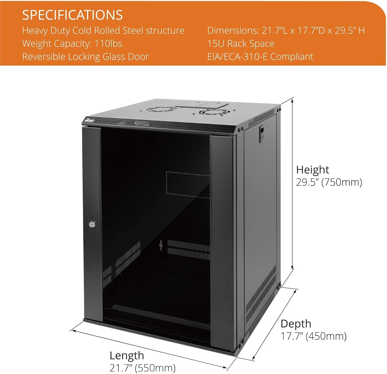 Tecmojo 15U Wall Mount Rack Network Cabinet for 19" IT Equipment,with Lockable Glass Door and Side Panels,Cooling Fan,17.7inch Depth,Black (15U)