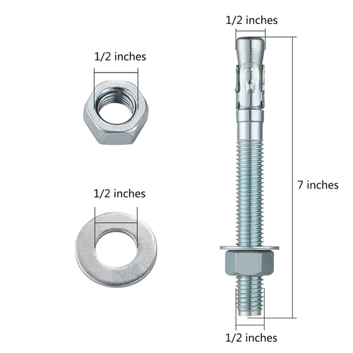 1/2x7" 10Pcs Inch Standard Fasteners for Heavy-Duty Zinc Wedge Anchors for Cement and Concrete