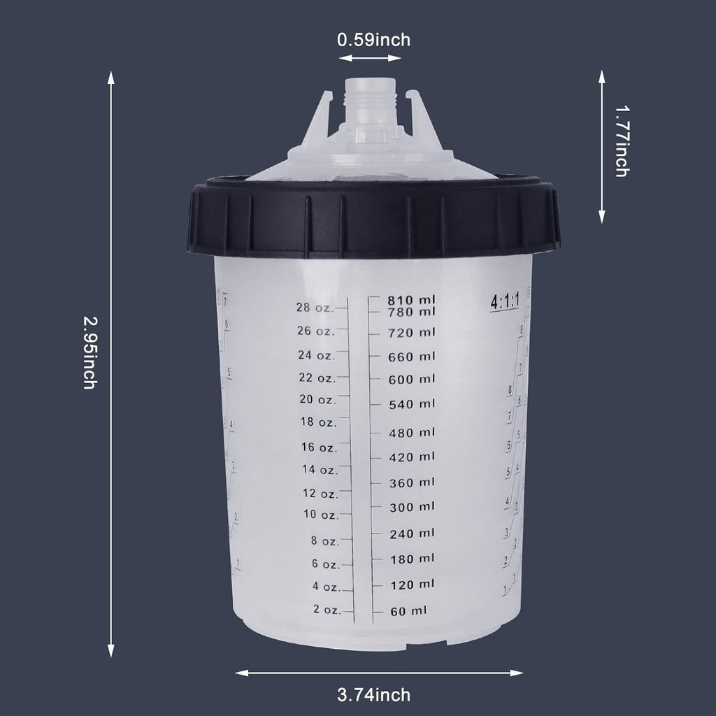 Disposable Paint Cups for Automotive Paint Gun, HVLP Paint Spray Gun 27 Ounce (800ml) Kit with 50 Cups and Lids Systerm, 1 Hard Cup with Retainer Ring and 10 Plugs