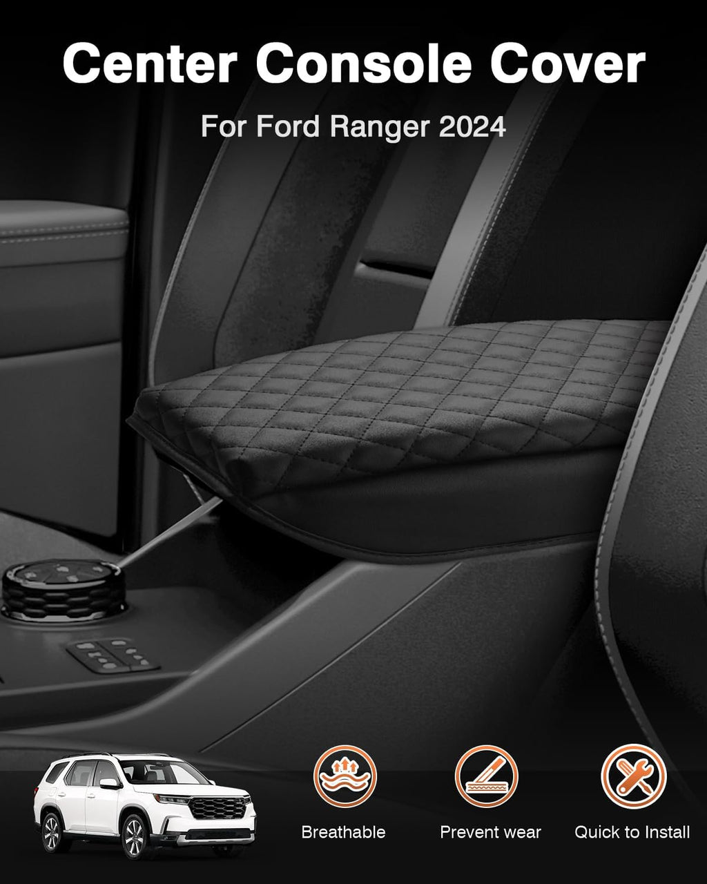 Shademax Center Console Cover for Ford Ranger 2024 2025 2026 Accessories, Ranger Armrest Cover Cushion Pad Middle Console Cover Armrest Seat Box Protector PU Leather Anti-Scratch Black