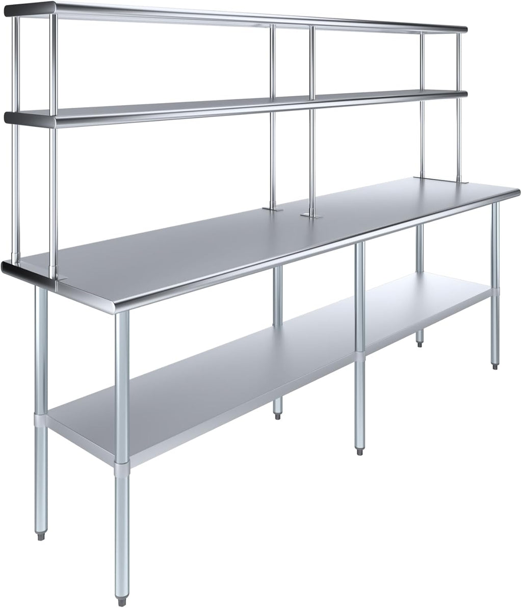 Amgood Stainless Steel Work Table Double Tier Overshelf | Metal Kitchen Prep Table & Shelving Combo (24" x 96" Work Table + 12" Overshelf)