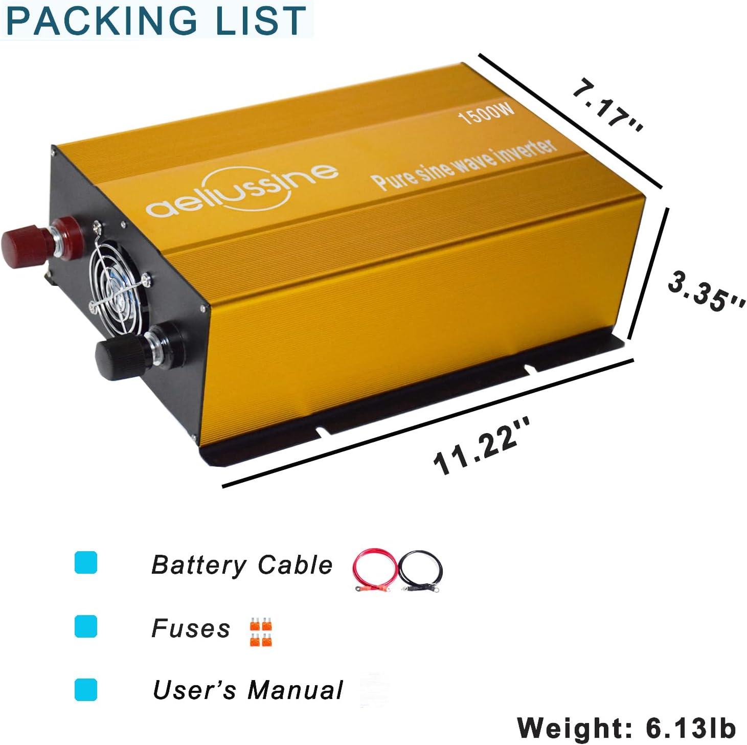 1500W Pure Sine Wave Inverter-36V DC to 110V 120V AC Power Converter with 2 AC Outlets, 36 Volt Power Inverter for Truck, Rv, Camping, Home, Emergency Power