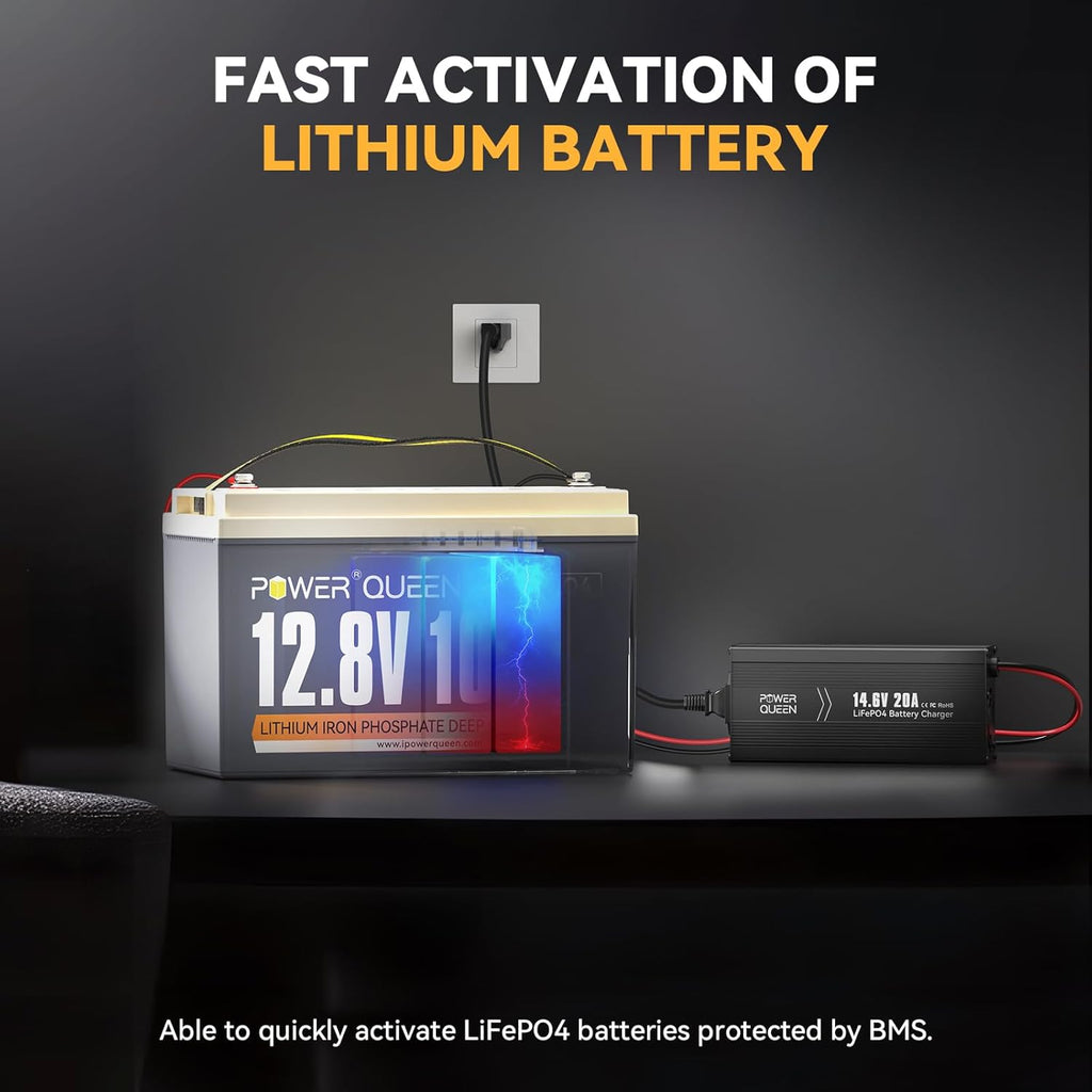 Power Queen 14.6V 20A LiFePO4 Battery Charger, 2-Stage Automatic Smart Battery Charger and Maintenance, LiFePO4 Lithium Batteries Charger, Suitable for 12V (12.8V) Lipo Lithium Iron Phosphate Battery
