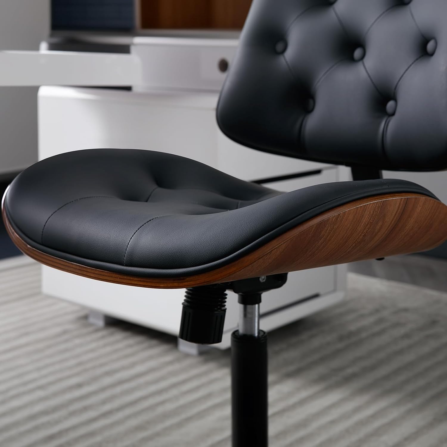 Armless Home Office Chair with Wheels, PU Leather Adjustable Height Computer Desk Chair, 360 Swivel Small No Arms Chair, Modern Button Walnut Style for Office, Reading Meeting Room(Black)
