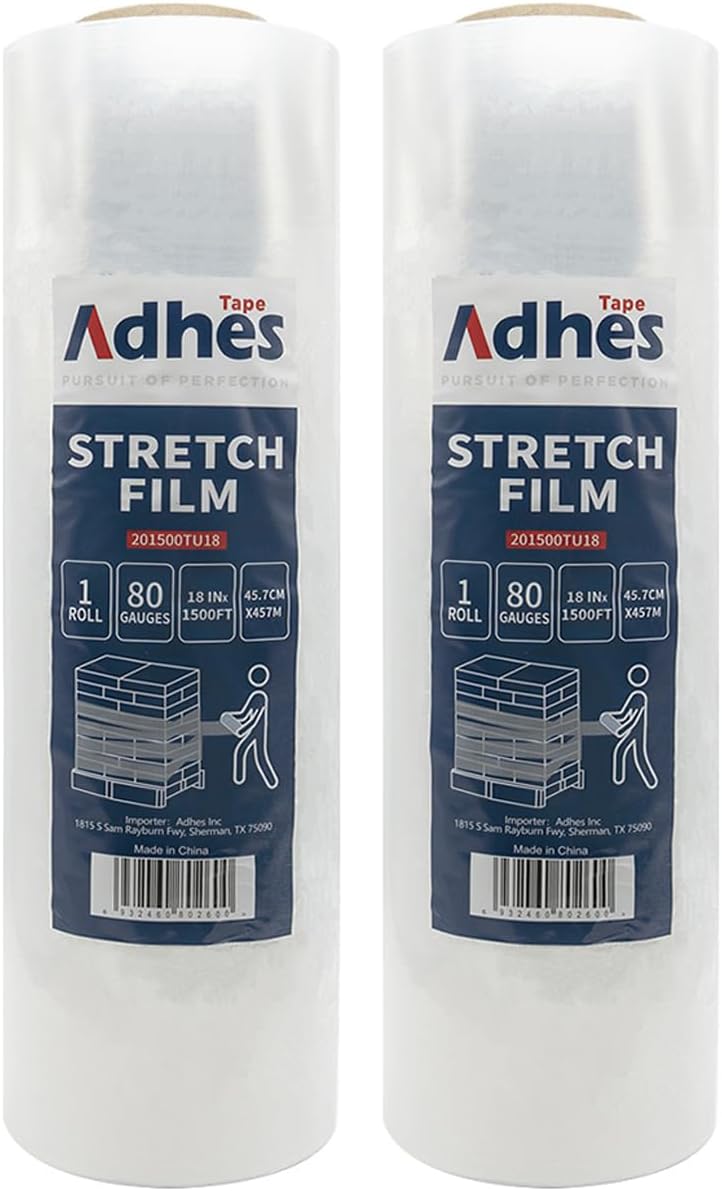 ADHES Heavy Duty Shrink Wrap Roll, 18 Inch x 1500 Feet, 2-Pack Stretch Wrap Stretch Film, 80 Gauge Industrial Strength Plastic Moving Rrap for Pallet Wrap, Furniture Wrapping Moving & Protection