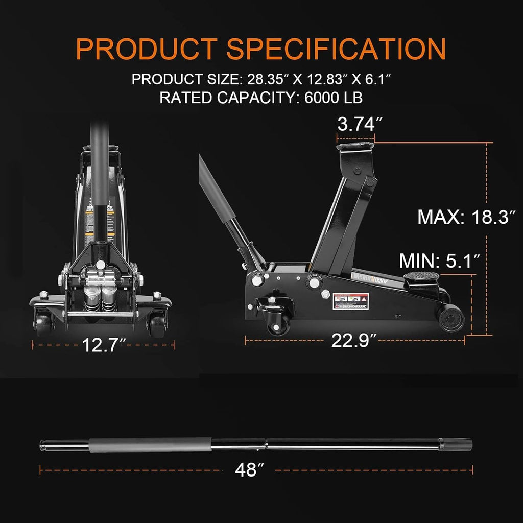3 Ton Floor Jack Hydraulic Jack for Car with Dual Pumps, Quickly Lift for Cars, SUVs, Vans, Trucks, Heavy-Duty Steel Racing Floor Jack, 6600 lb Capacity
