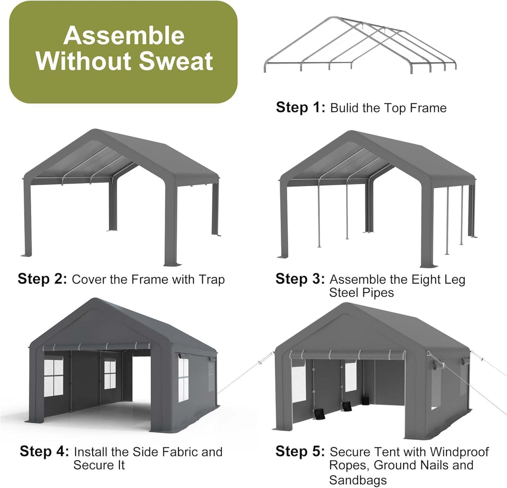 12x20ft Carport Heavy Duty, Portable Garage with 4 Doors + 4 Window, Upgraded Carport with Reinforced Steel Poles, Uv Resistant Waterproof Tarp for Car, Truck, Boat