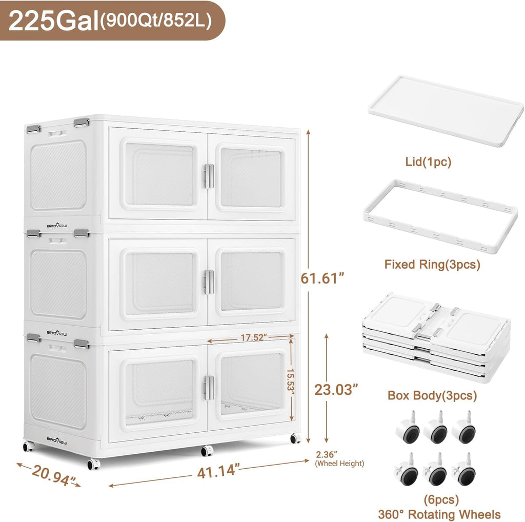 900 Qt Stackable Storage Bin with Lid, 225Gal Extra Large Collapsible Storage Boxes, Folding Plastic Drawer, Heavy-Duty Store Cabinet, Closet Organizer for Home Kitchen, 3 Pack White