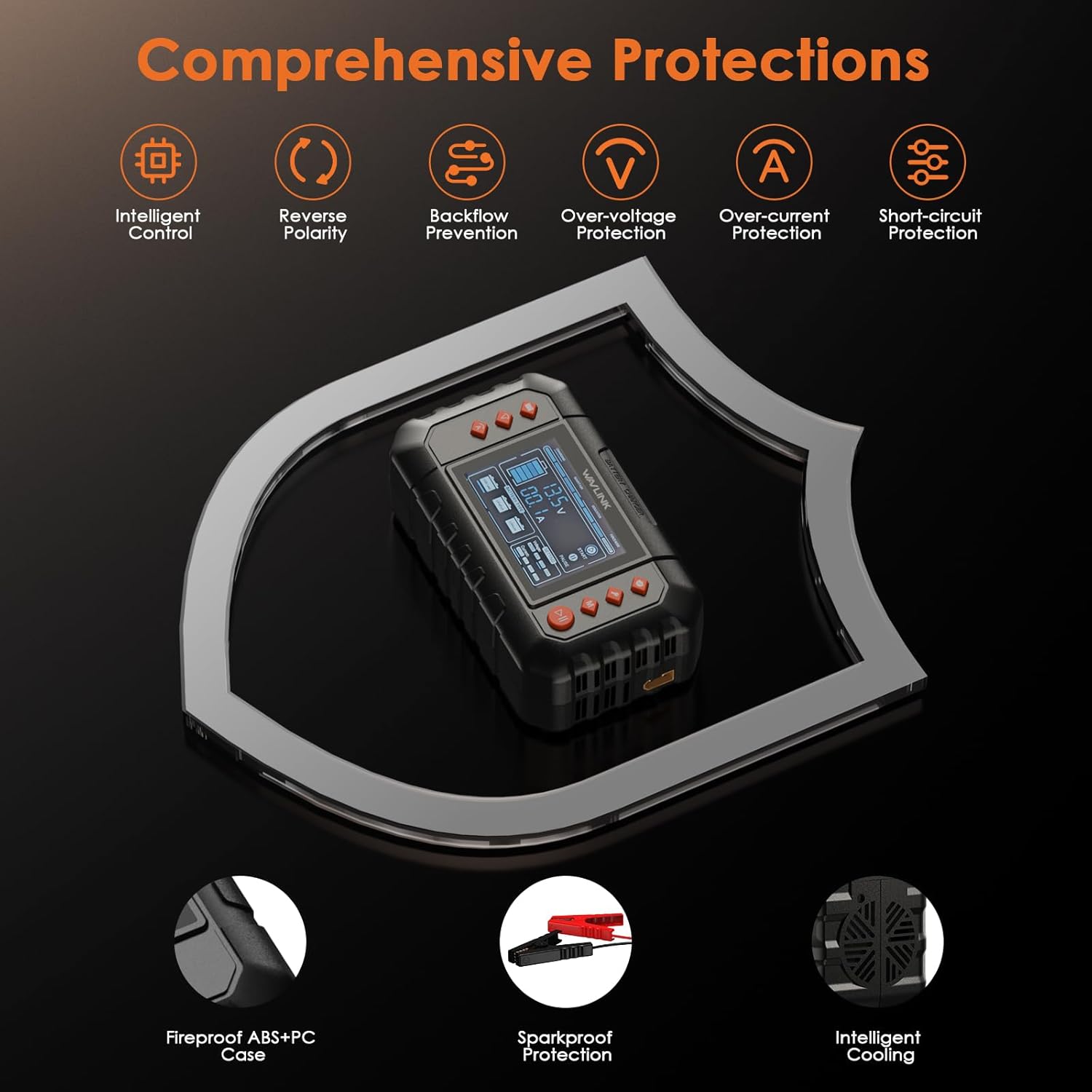 WAVLINK Smart Battery Charger, 20-Amp, Car Battery Charger with LCD Display, for 6V/12V/24V Lead-Acid/Lithium/LiFePO4 Batteries, Trickle Battery Maintainer and Desulfurizer for Car, Boat, Motorcycles