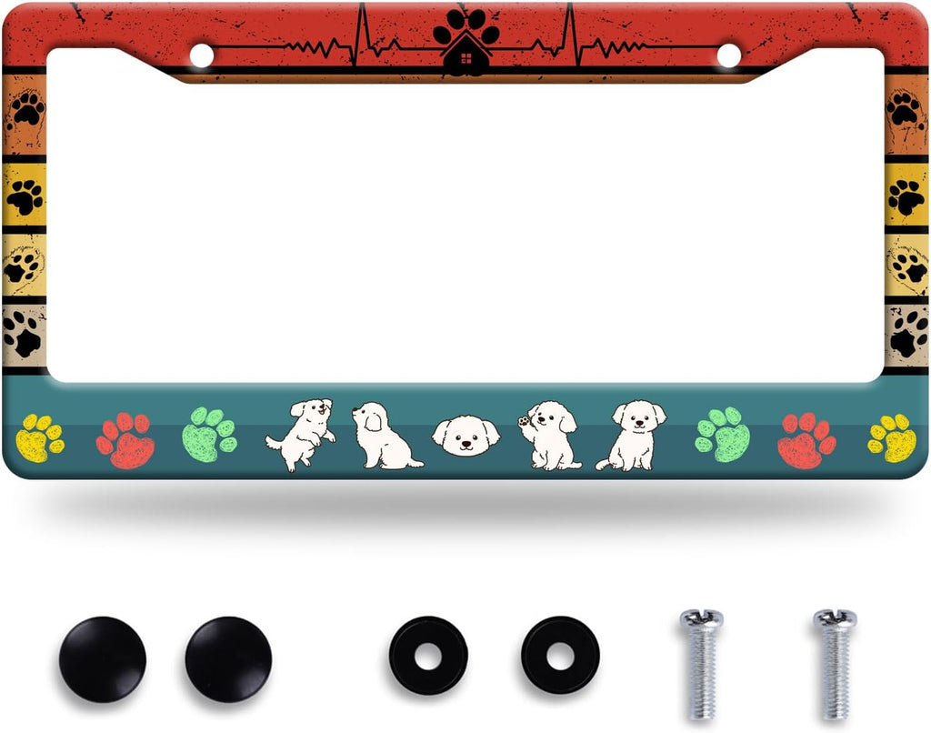 Dog License Plate Frame Cute Dog Paws License Plate Stainless Steel Animal Funny License Plate Holder Personalized Dog Car Accessory Decoration 12.3" x 6.3"for Men Women