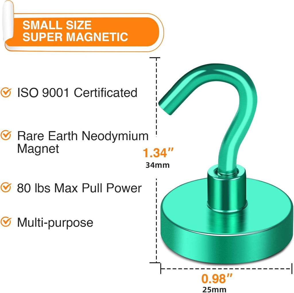 MIKEDE Magnetic Hooks Heavy Duty, 80LB Strong Magnet with Hook for Fridge, Super Neodymium Extra Strength Industrial Hooks for Hanging, Magnetic Hanger for Toolbox, Cruise, Grill(Green,4 Pack)
