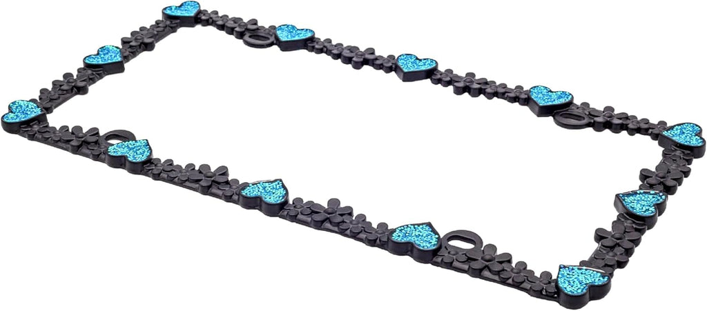 Creathome 3D Shining Daisy Heart License Plate Frame from Pure Zinc Alloy Metal Perfect Plate Holder, Matt Black with Blue Glitter, Luminously Heart