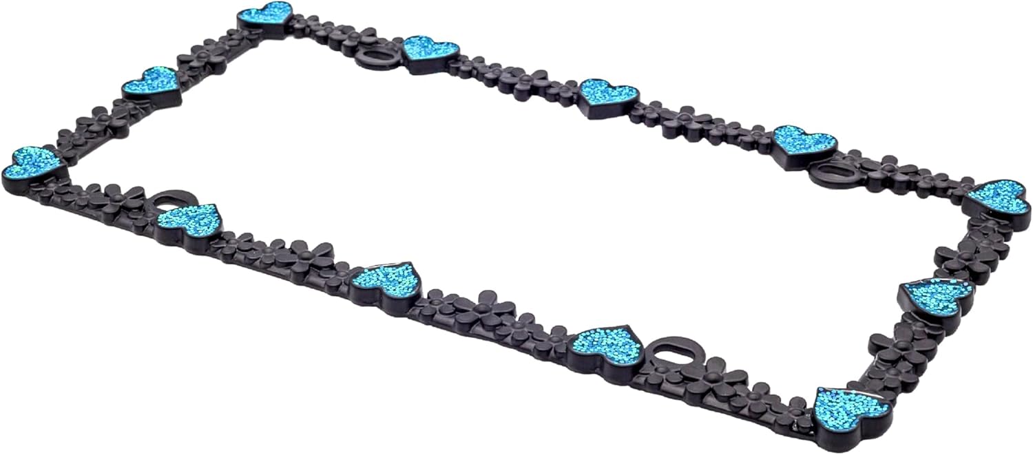 Creathome 3D Shining Daisy Heart License Plate Frame from Pure Zinc Alloy Metal Perfect Plate Holder, Matt Black with Blue Glitter, Luminously Heart