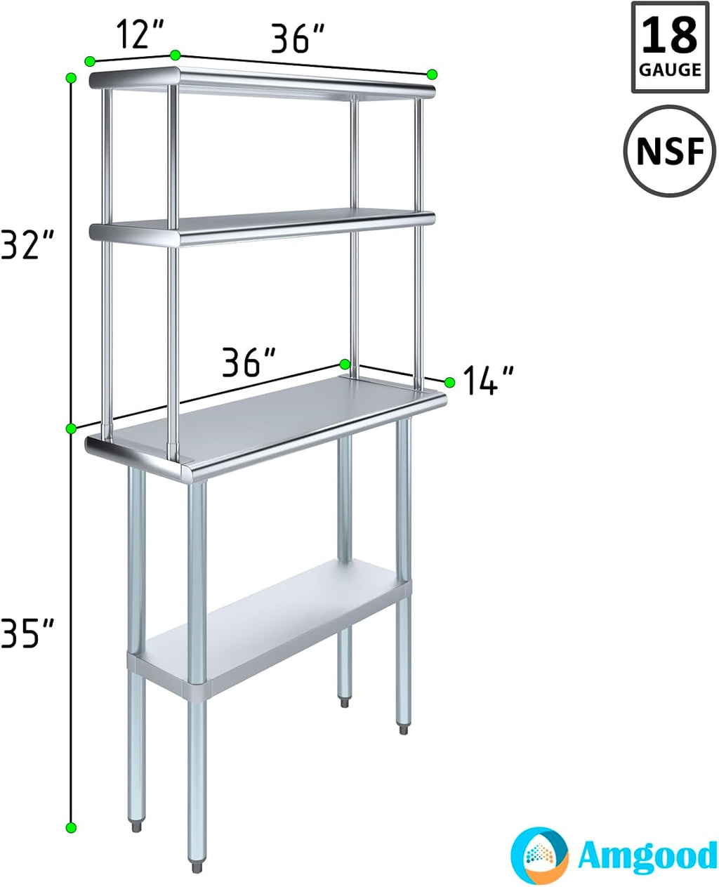 AmGood Stainless Steel Work Table Double Tier Overshelf | NSF (14" x 36" Work Table + 12" Overshelf)