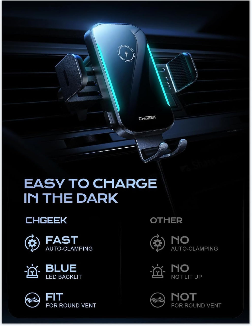 CHGeek 15W Wireless Car Charger – Auto-Clamping Qi Fast Charging Vent Mount with LED Light; Compatible with iPhone 13-16 & Samsung S22-S24 (Knight Black)