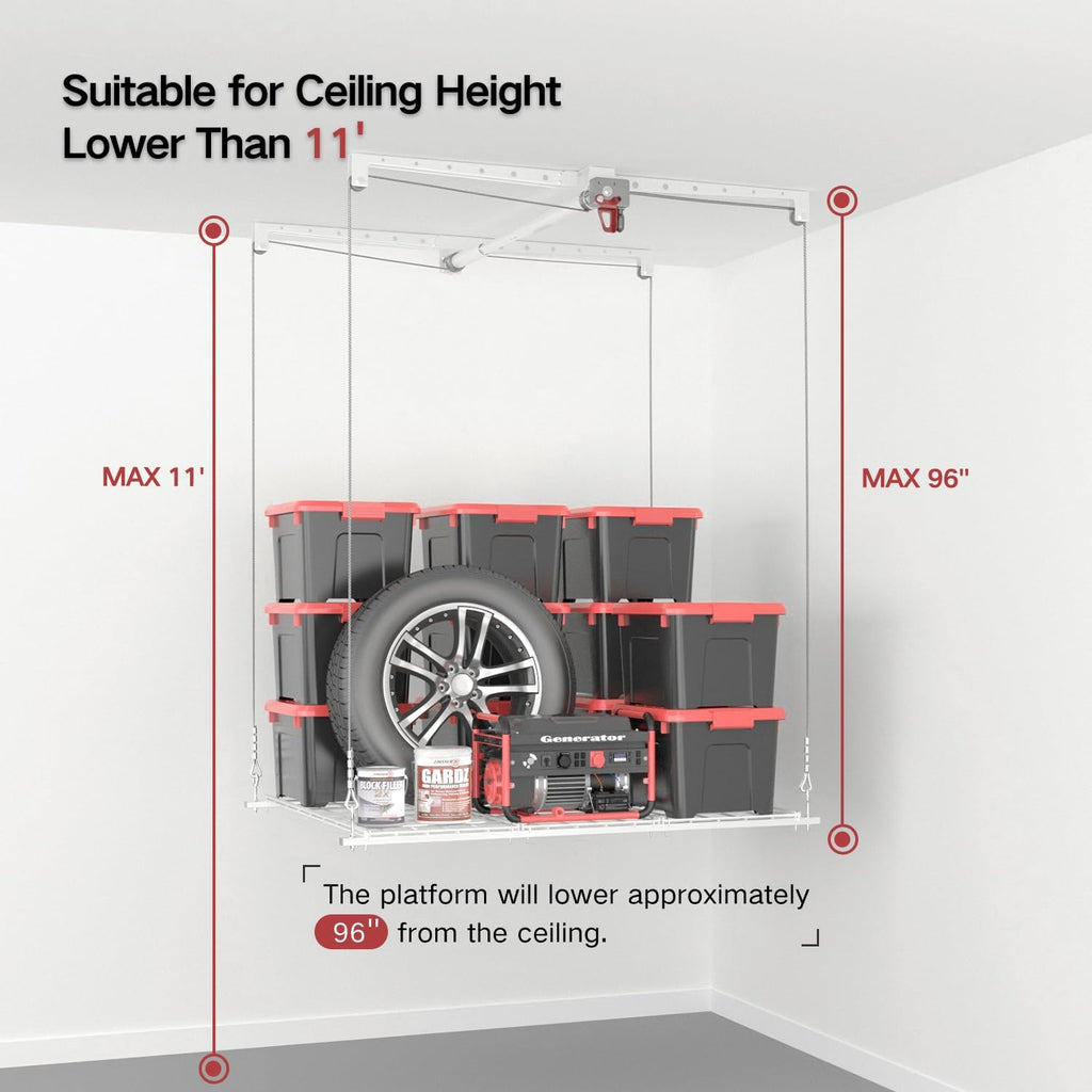 Overhead Garage Storage Rack, Adjustable Heavy-duty 4x4 Ft Ceiling Storage Racks with Safety Lock, Ideal for Garage Storage Lifting Organization System, 250lbs Capacity, White
