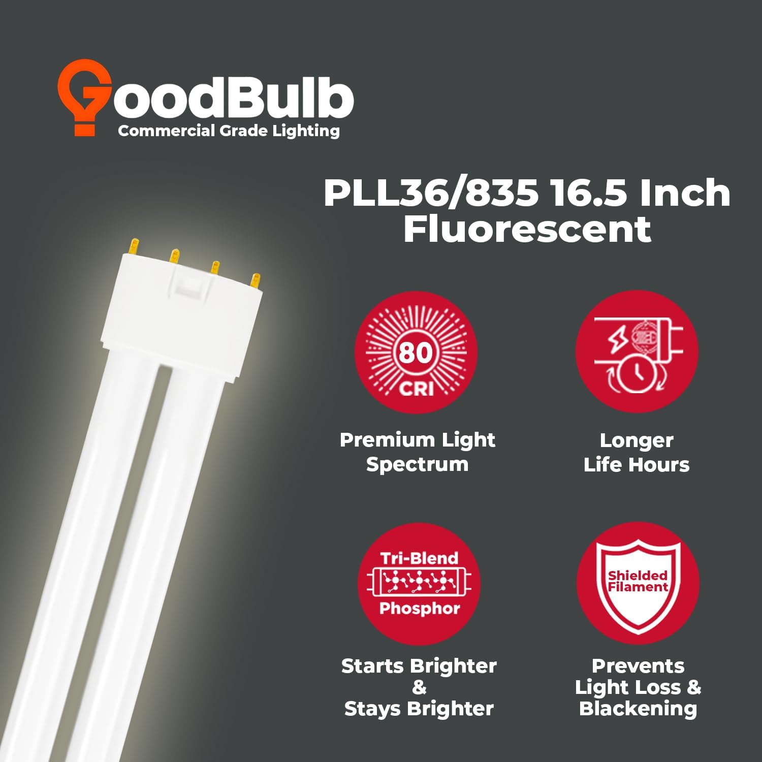 GoodBulb PLL36/835 36W 16.5" Twin Tube Compact Fluorescent Light Bulb 4-pin 2G11 Base 3500K Neutral White 2400 Lumen 36000 Hour Long Life Biax Pack of 10