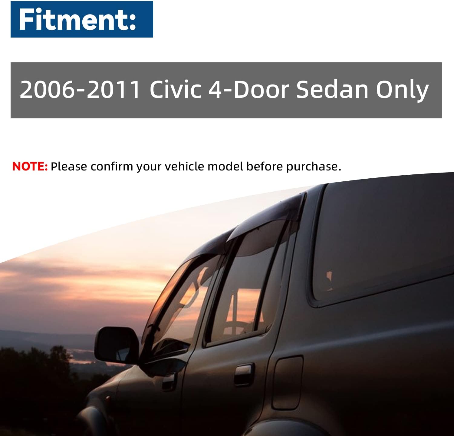 Set of 4 JDM 3D Wavy MU Style Front+Rear Smoke Sun/Rain Guard Outside Mount Tape-On Acrylic Window Visors Compatible with 06-11 Civic 4-Door Sedan