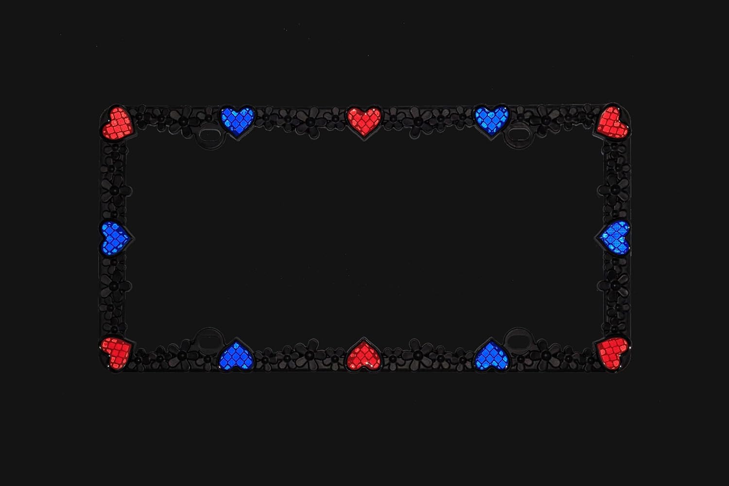 Creathome 3D Daisy Heart License Plate Frame from Pure Zinc Alloy Metal Perfect Plate Holder, Matt Black Daisy with Red and Blue Reflective Heart