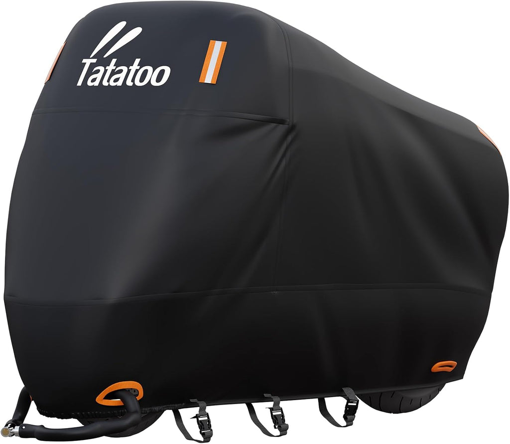 Motorcycle Cover Waterproof Outdoor, 300D Heavy Duty, UV & Rain Resistant, 3 Wind-Resistant Buckles, Dual Lock Holes, Includes Storage Bag, Fits Most Motorcycles up to 104",Black