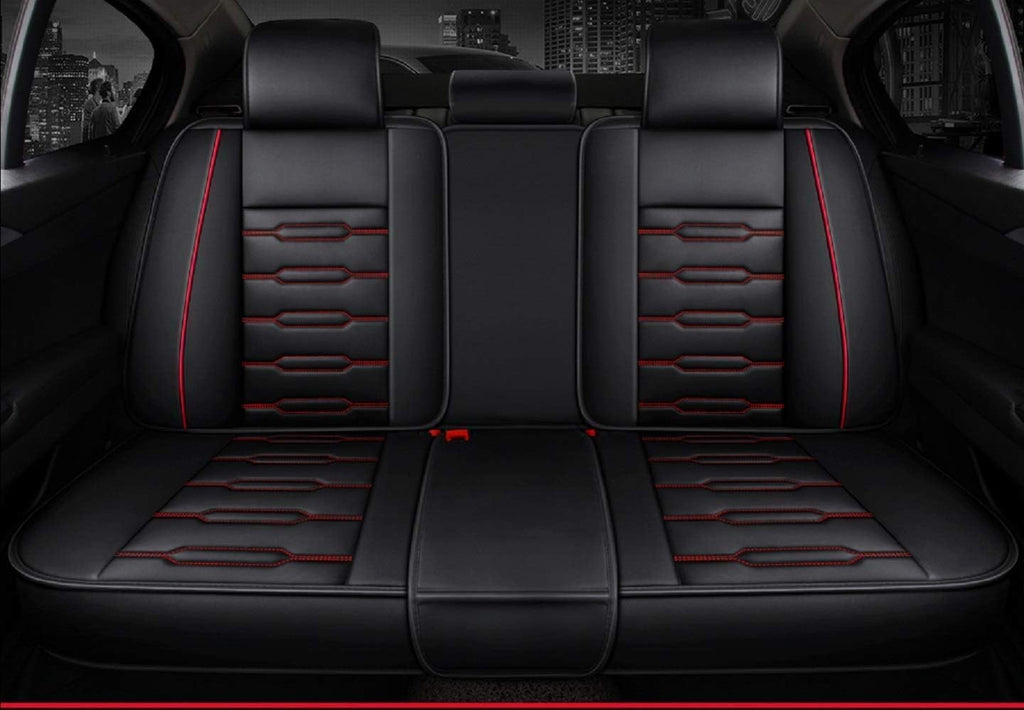 Seat Covers Full Set, Waterproof Leather Seat Covers for Cars, 5 Seats Universal Car Seat Protectors, Black Car Seat Covers Car Seat Cushions Fit for Most Cars (Black-red)