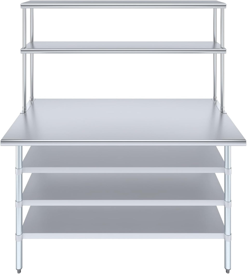 Amgood 30" x 60" Stainless Steel Work Table with 3 Shelves and 18" Wide Double Tier Overshelf | Metal Kitchen Prep Table & Shelving Combo | NSF