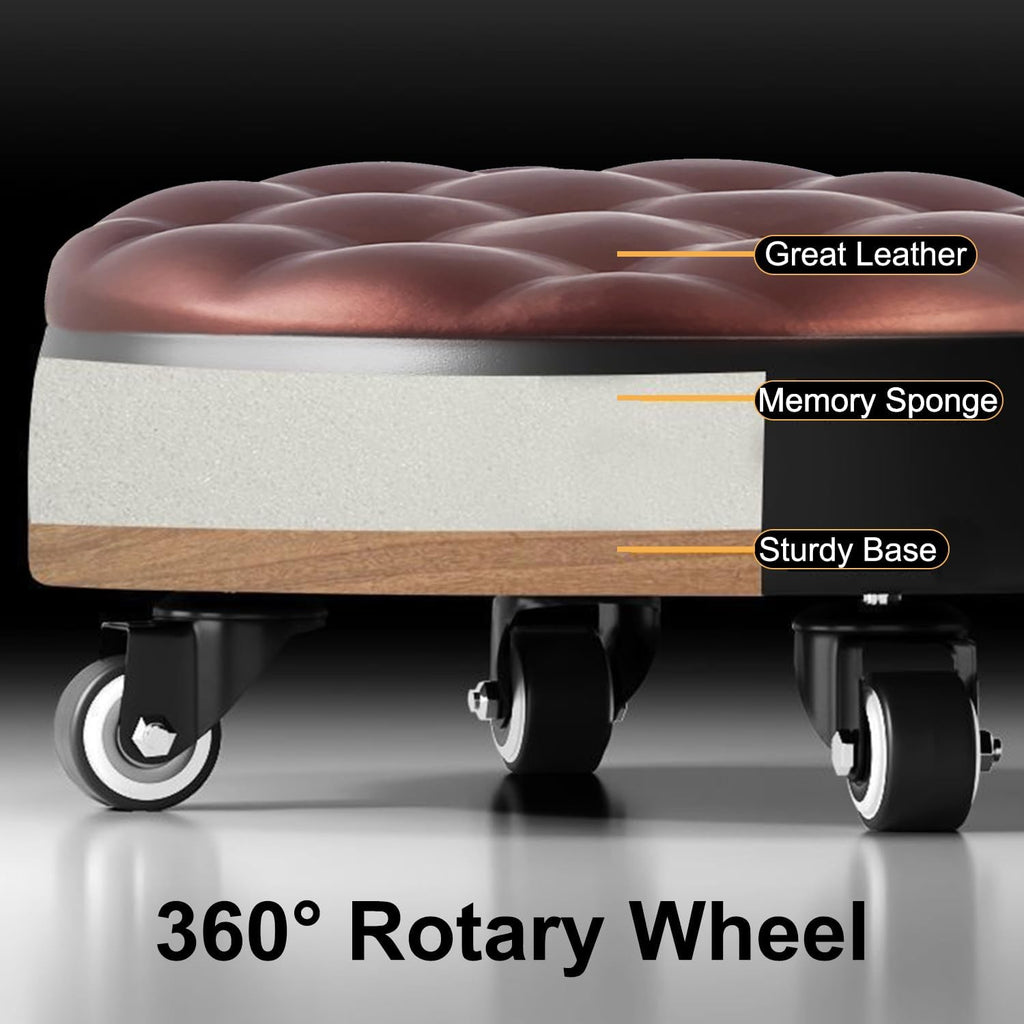 Low Roller Seat 13’’, Brown Swivel Rolling Stool with 5 Rolling Caster Wheels, PU Leather Low Seat Tool Heavy Duty for Home and Office, Modern Comfortable Wheel Stool Chair Low Height, 1Pcs