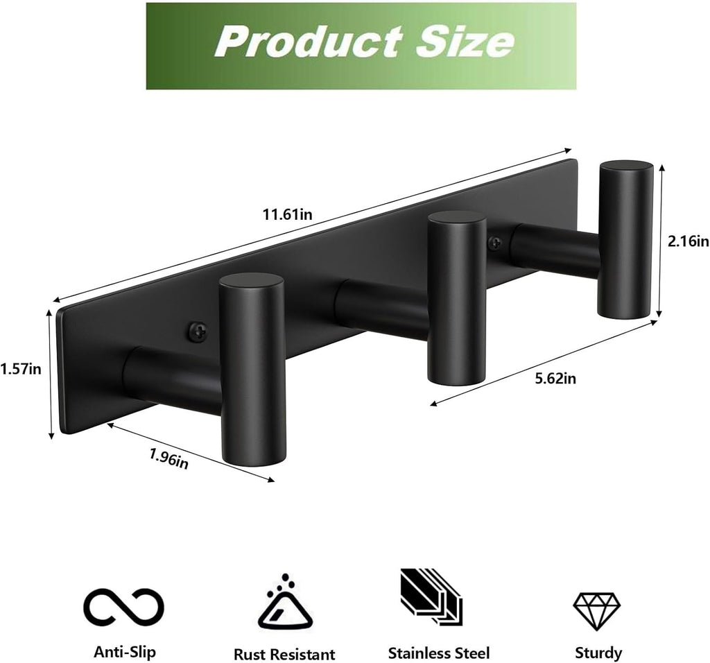 Wall Mounted Coat Rack-3 Hooks, Heavy Duty Stainless Steel Hook Rail for Towel Coat Hat Purse Bag Jacket, Towel Hooks for Entryway Bathroom Kitchen (Black 3 Hooks - 1 Pack)