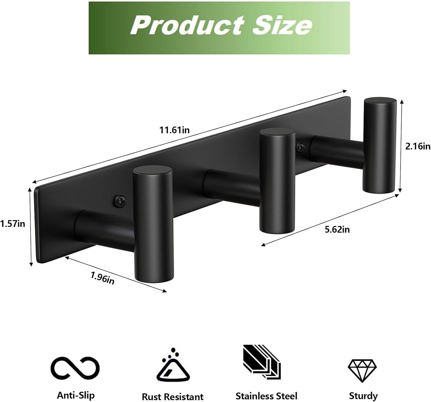 Wall Mounted Coat Rack-3 Hooks, Heavy Duty Stainless Steel Hook Rail for Towel Coat Hat Purse Bag Jacket, Towel Hooks for Entryway Bathroom Kitchen (Black 3 Hooks - 1 Pack)