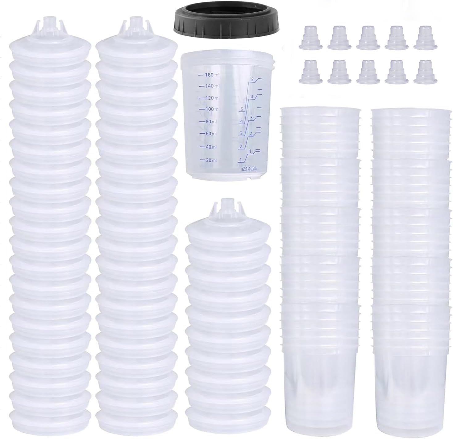 Disposable Paint Sprayer Mixing Cup for Automotive Paint Gun, HVLP Paint Spray Paint Gun 6 Ounce (160ml) Kit with 50 Cups and Lids System, 1 Hard Cup with Retainer Ring and 10 Plugs