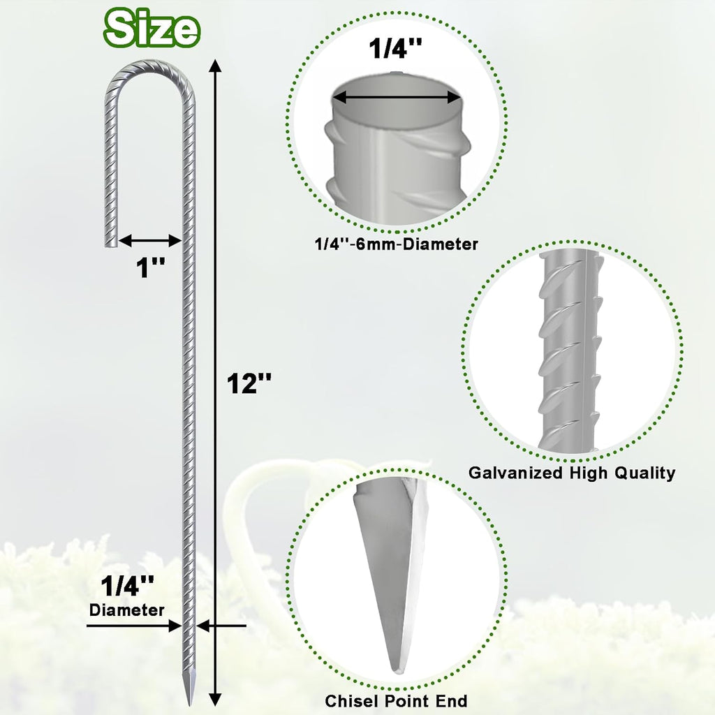 VVOKGO Rebar-Stakes-12-Inch J Hook Galvanized Tent Stakes Heavy Duty, 4-Pack Ground Chain Link Fence Anchors with Chisel Point End for Gazebo Bounce House, Camping Tents, Outdoor Inflatable Decoration