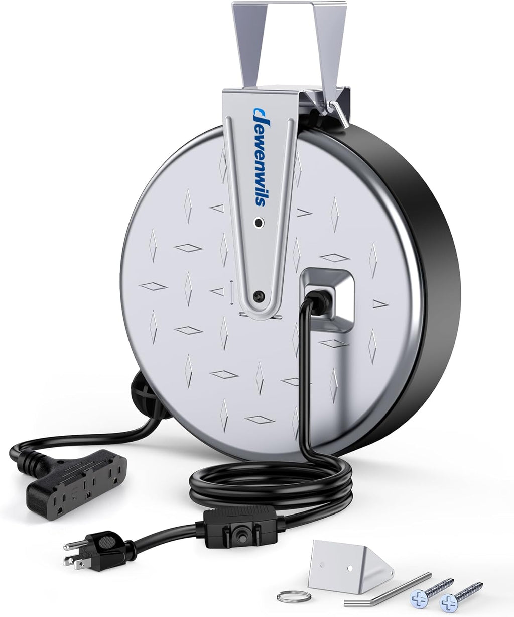 DEWENWILS 30 Ft Retractable Extension Cord Reel, Ceiling/Wall Mount 16/3 Gauge SJTW Power Cord with 3 Electrical Outlets Pigtail for Garage and Shop, 10 Amp Circuit Breaker, Metal Plate, UL Listed