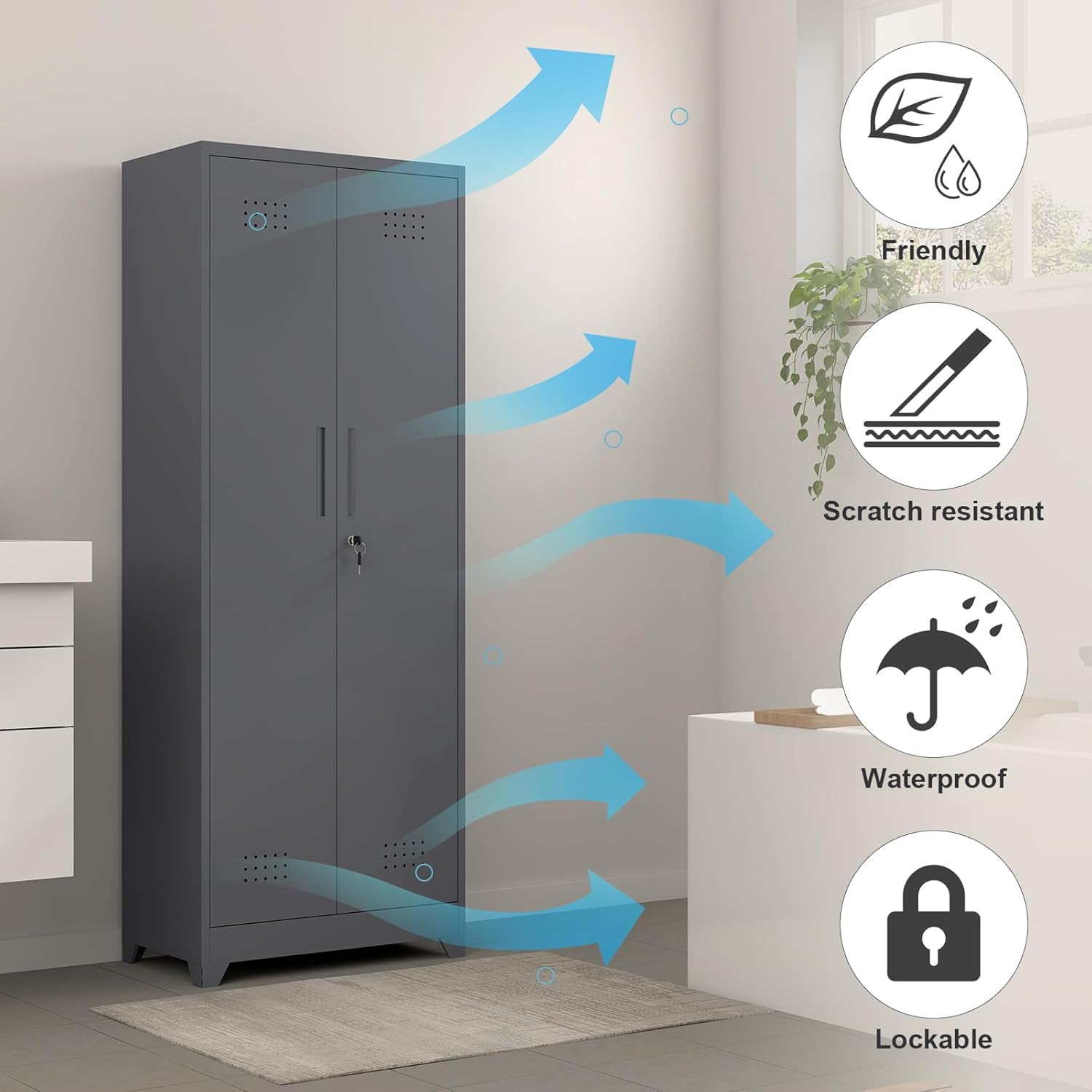 GREATMEET 65" H Metal Garage Storage Cabinets with Lock Door and Adjustable Shelves,Grey Broom Closet Storage Cabinet for Cleaning Supplies for Garage, Bathroom,Kitchen,Home
