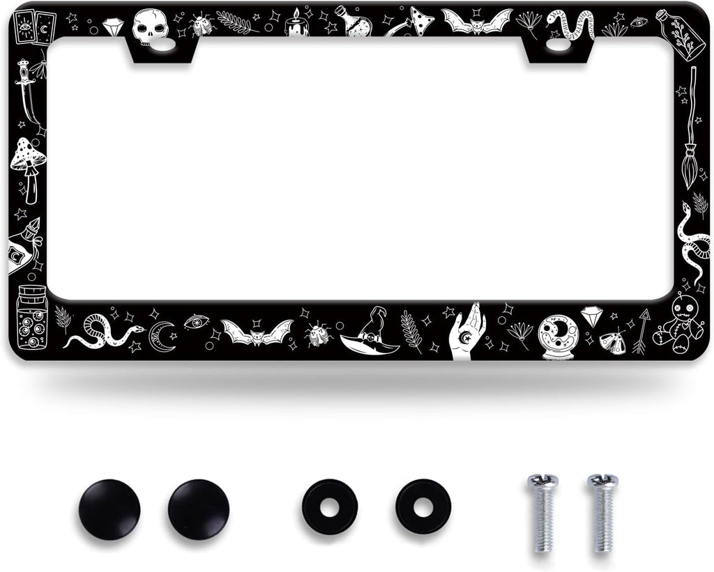 Witch License Plate Frame Gothic Magical License Plate Frames for Car Decorative Parts Stainless Stee License Plate for Standard Us Canada Funny License Plate Holder 12x6 Inch