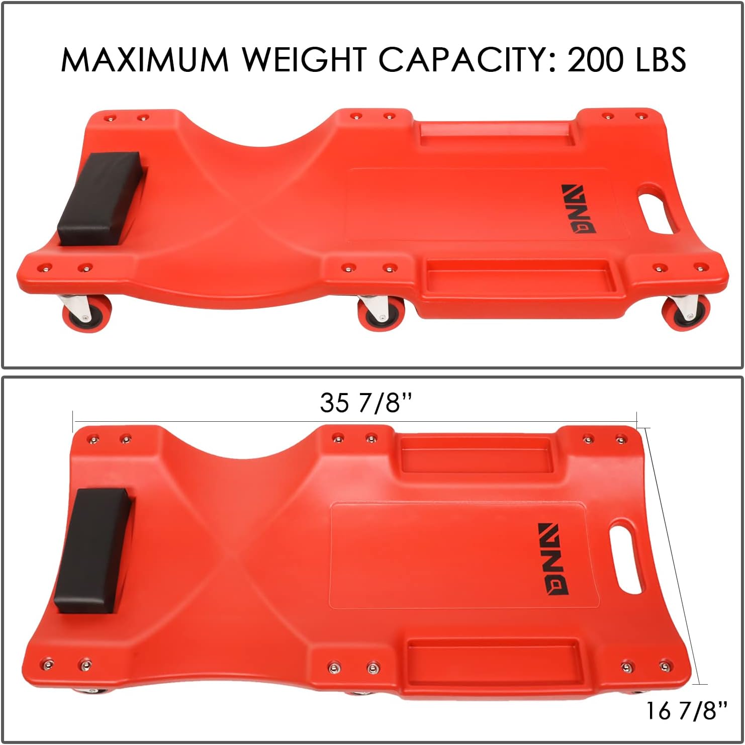 DNA MOTORING TOOLS-00201 36" L X 17" W x 4.25" H Vehicle Repair Low Profile Automotive Creeper w/Padded Headrest, Red