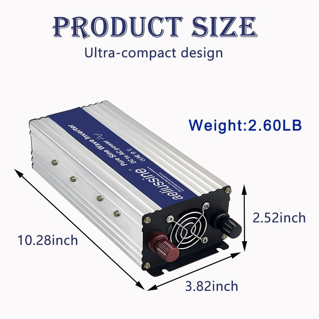800W Pure Sine Wave Inverter-12V DC to 110V 120V AC Power Converter with 2 AC Outlets, 12 Volt Power Inverter for Truck, Rv, Camping, Home, Emergency Power