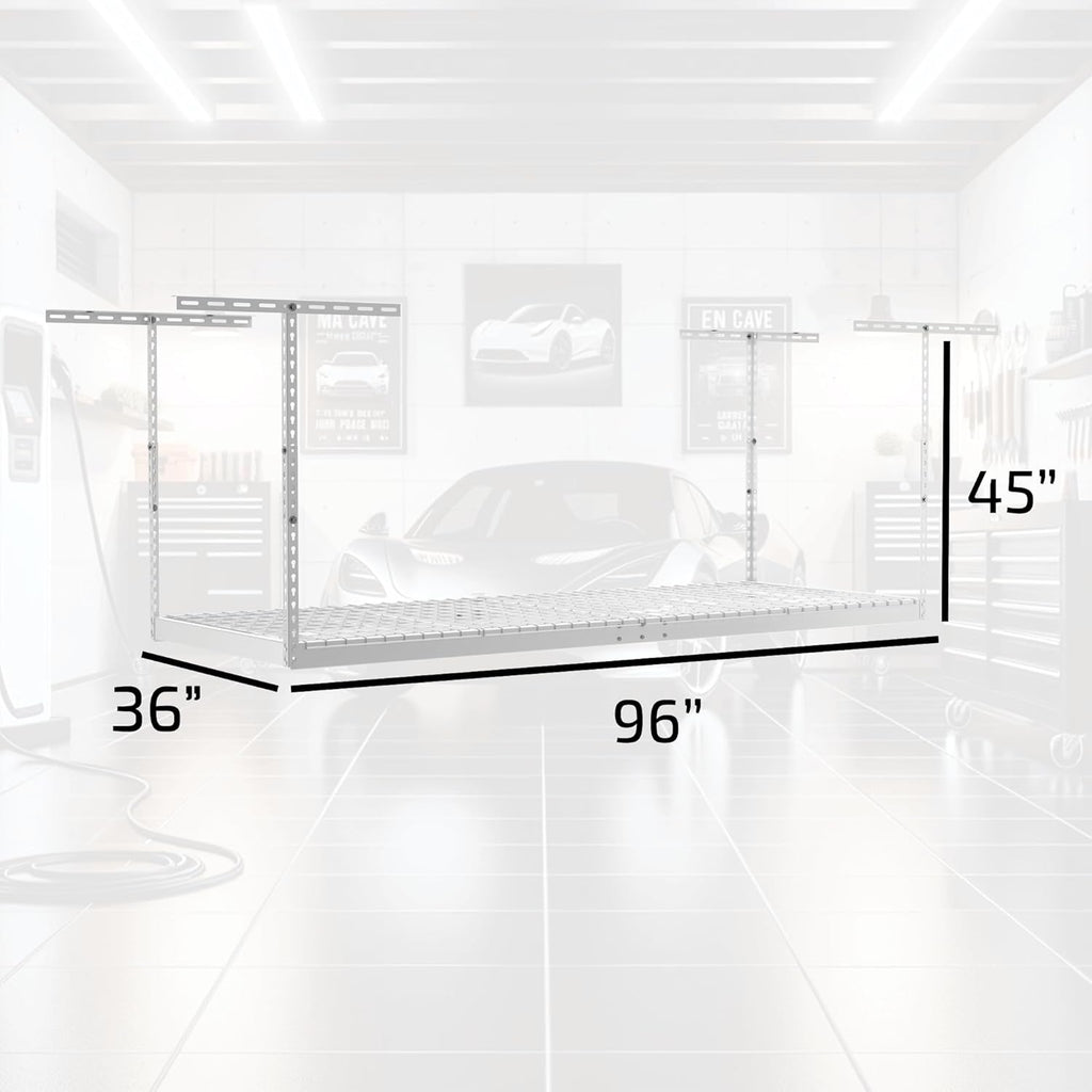 MonsterRax Overhead Garage Storage Racks 3x8’ (2-Pack) Ceiling Mounted Shelving, Adjustable Hanging Organizer, Heavy Duty Steel, Holds 500 Pounds, Color: White, Adjustable from 24"-45" off the Ceiling