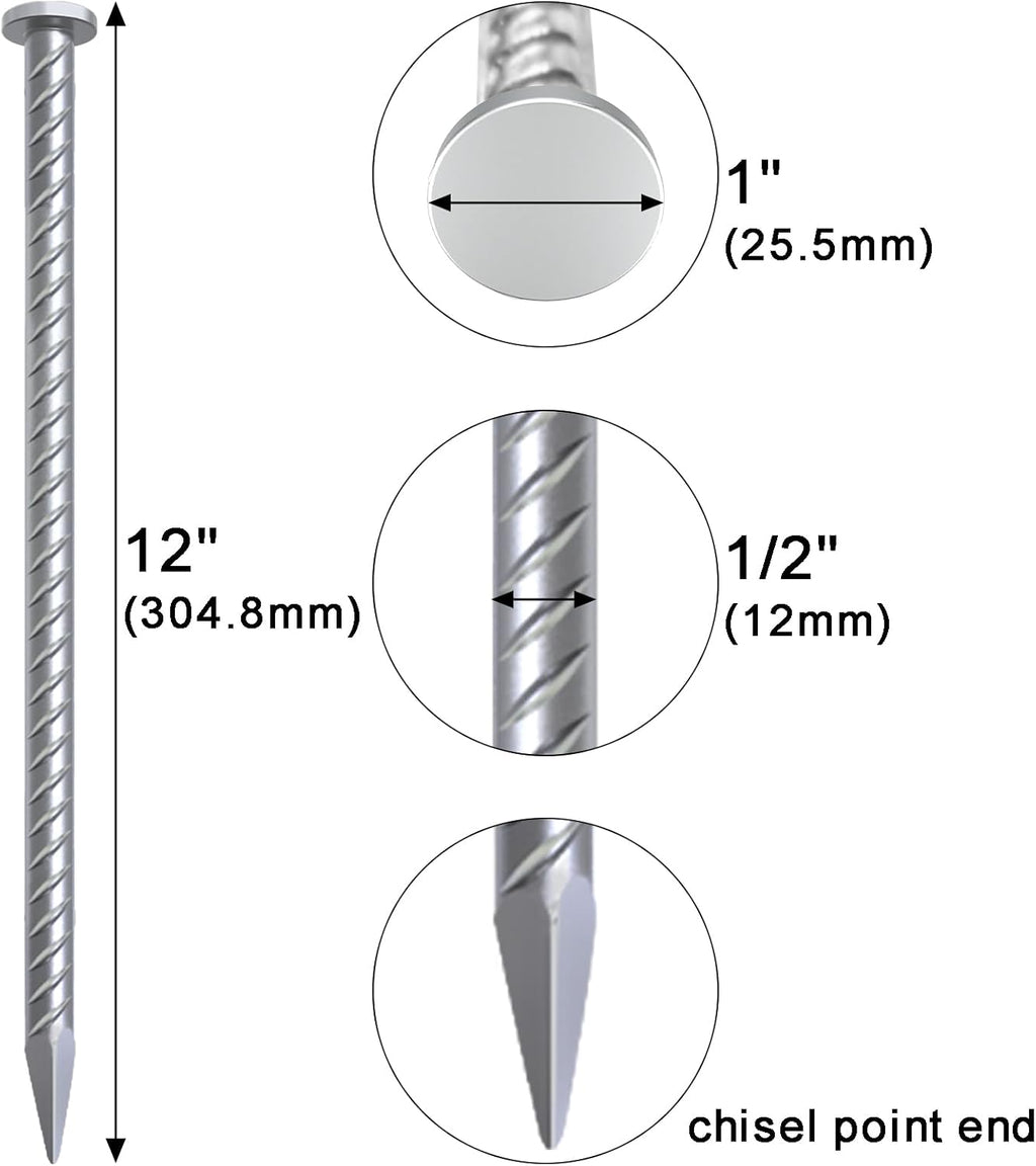 VVOKGO 12 Inch Rebar Stakes Metal Asphalt Anchoring Spikes Ground (16pcs), 1/2 Inch Diameter Galvanized Landscape Anchors Heavy Duty for Speed Bump, Handicap Threshold Ramps, Parking Limits Curb, Tarp