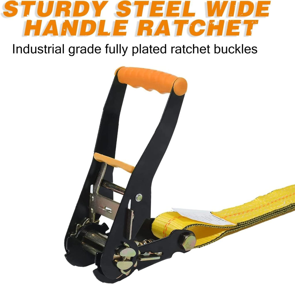 Heavy Duty Adjustable Car Tie Down Kit with Snap Hooks -Break Strength 10,000 lbs-Working Load 3333 lbs-2 Inch x 114 Inch - 4 Pack Axle Tie Down Straps (Yellow)