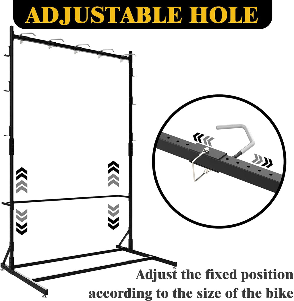 Freestanding Bike Storage Rack for 5 Bikes, 52" Wide Steel Vertical Bike Rack with 5 Bike Hooks & 6 Hooks for Helmet Storage, Bike Racks for Home and Garage, Indoor Floor Bike Stand