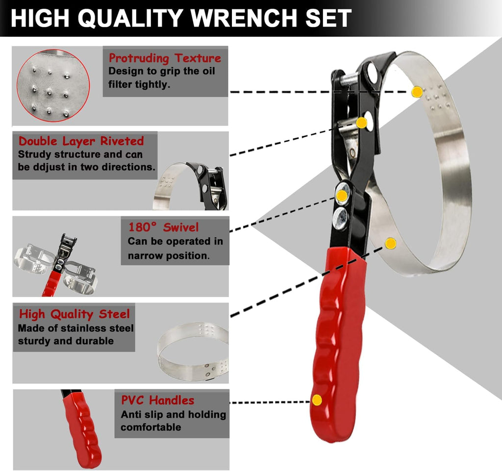 9pcs Oil Filter Wrench Set, 9" and 12" Oil Filter Pliers with Oil Snap Funnel for Automotive Oil Change, Adjustable Oil Filter Removal Tool From 1-3/4" to 6"