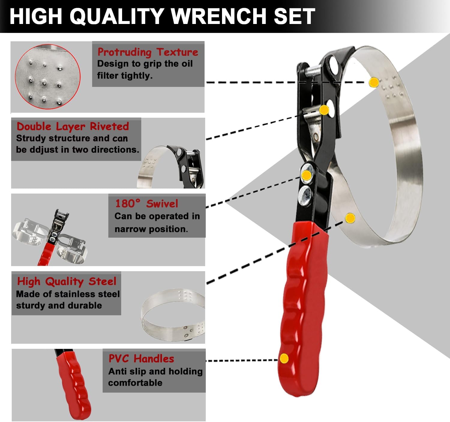 9pcs Oil Filter Wrench Set, 9" and 12" Oil Filter Pliers with Oil Snap Funnel for Automotive Oil Change, Adjustable Oil Filter Removal Tool From 1-3/4" to 6"