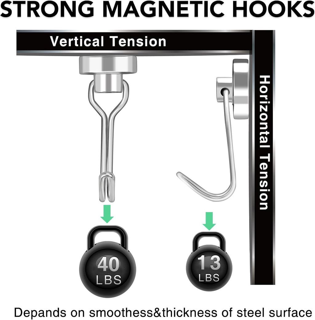 MIKEDE Magnetic Hooks, 40LB Strong Neodymium Magnet Hooks Heavy Duty, Magnetic Swivel Hooks for Hanging, Rust Proof Strong Magnets with Hook Magnetic Metal Hanger for Fridge, Toolbox - 4 Pack