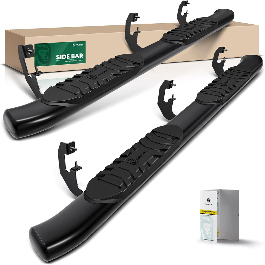 YHTAUTO 5 Inch Running Boards Side Steps Fit Chevy Silverado & GMC Sierra 1500/2500 HD/3500 HD 2019-2024, Extended Cab, Oval Bent Ends Carbon Steel Black Powder, Cab Length Truck Cab Side Step Rails