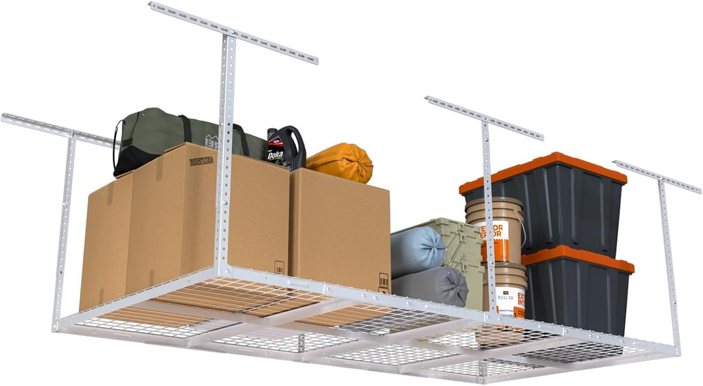 4ftx8ft Overhead Garage Storage Rack, Heavy-Duty Metal Garage Ceiling Storage Rack, 22''-40" Adjustable Ceiling Drop-Down, 600 lb. Loading Weight Capacity, White