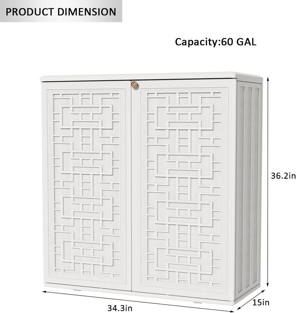 KINYING Outdoor Storage Cabinet Waterproof, Resin 60 Gallon Deck Box for Patio Furniture Cushions, Garden Tools, Pool Tools and Kids’ Toys (Off White with 1 Shelving)