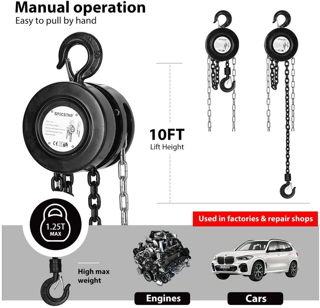 SPECSTAR Hand Chain Hoist 1 Ton 2200 Lbs Capacity 10 Feet with 2 Heavy Duty Hooks, Manual Chain Fall for Warehouse Building Automotive Machinery Black