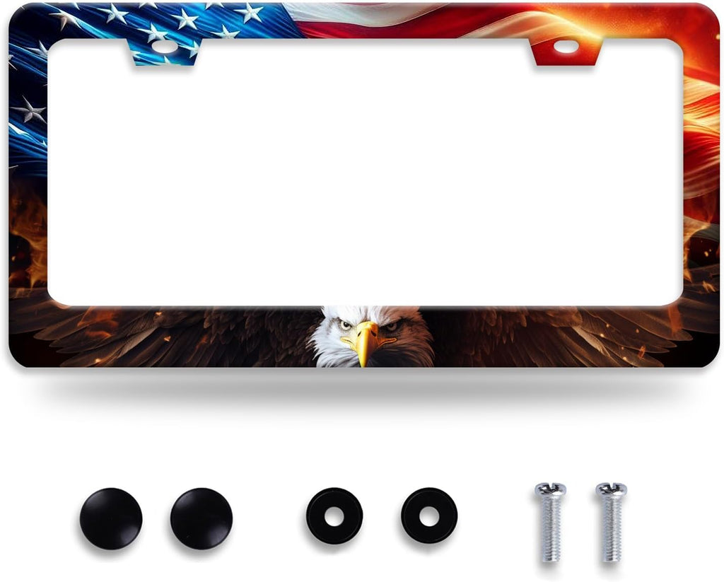 American Flag Bald Eagle License Plate Frame Patriotic License Plate Frames for Car Decorative Parts Stainless Stee License Plate for Standard Us Canada Funny License Plate Holder 12x6 Inch Unisex