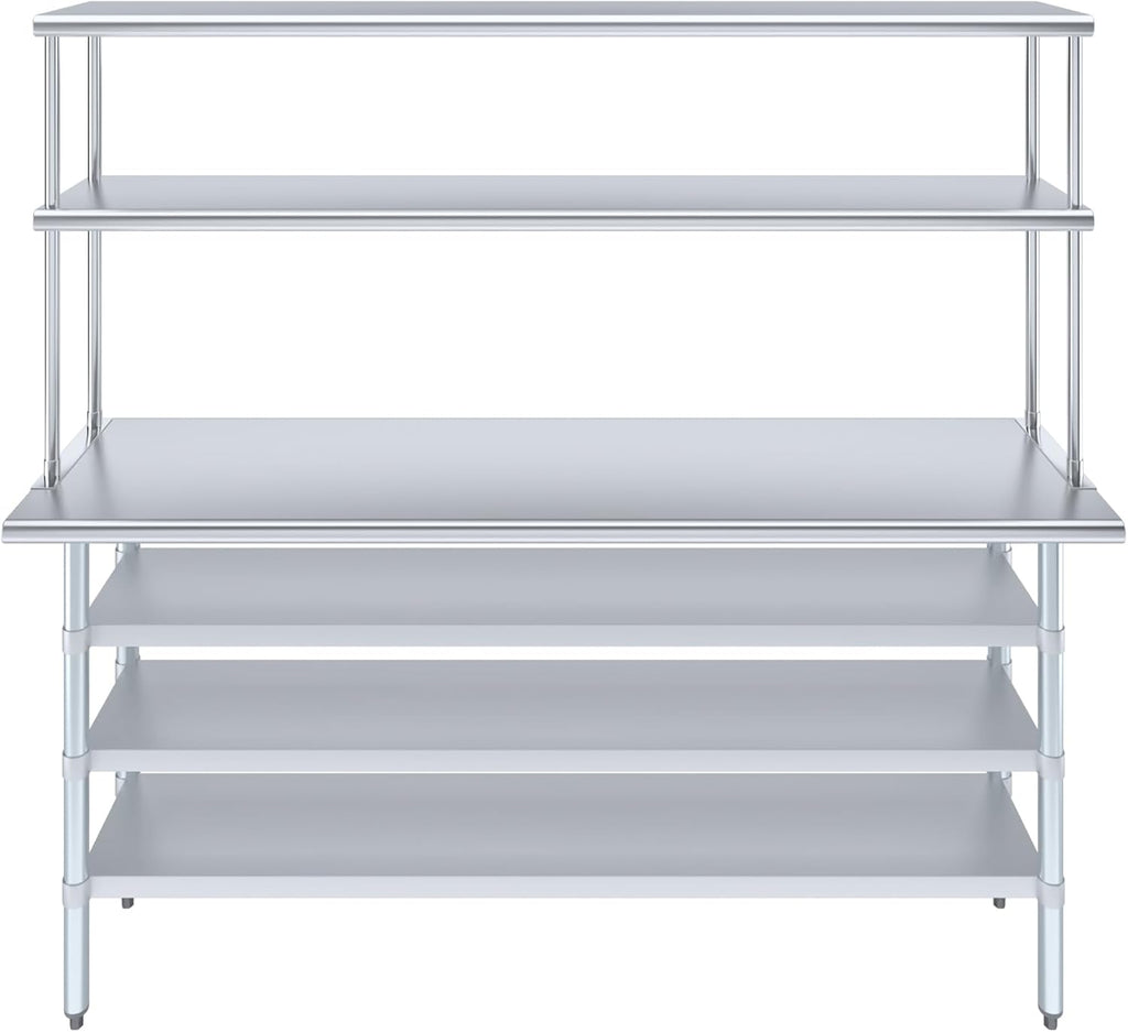 Amgood 18" x 72" Stainless Steel Work Table with 3 Shelves and 12" Wide Double Tier Overshelf | Metal Kitchen Prep Table & Shelving Combo | NSF